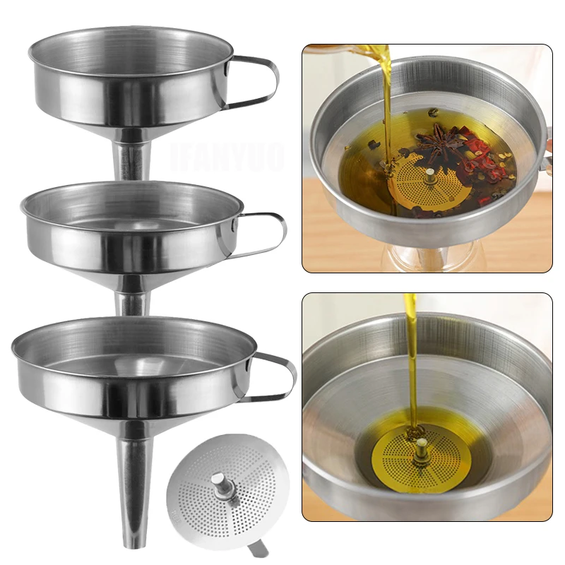 Embudo de subembalaje de cocina de acero inoxidable, embudo de aceite líquido con colador, filtro de aceite de alimentos de Metal pequeño para botella, herramienta de cocina
