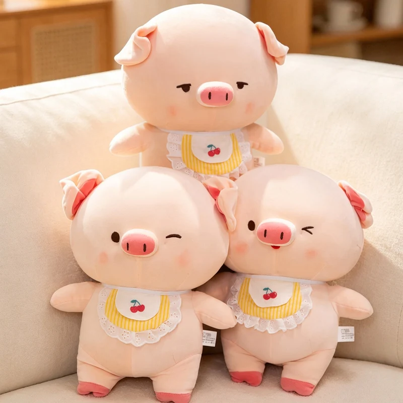 Kawaii Pig Stuffed Animal 40cm Pink Plush Doll Cherry Bib Design Fluffy Cuddle Friend Bedroom Decor Keepsake Gift Choice