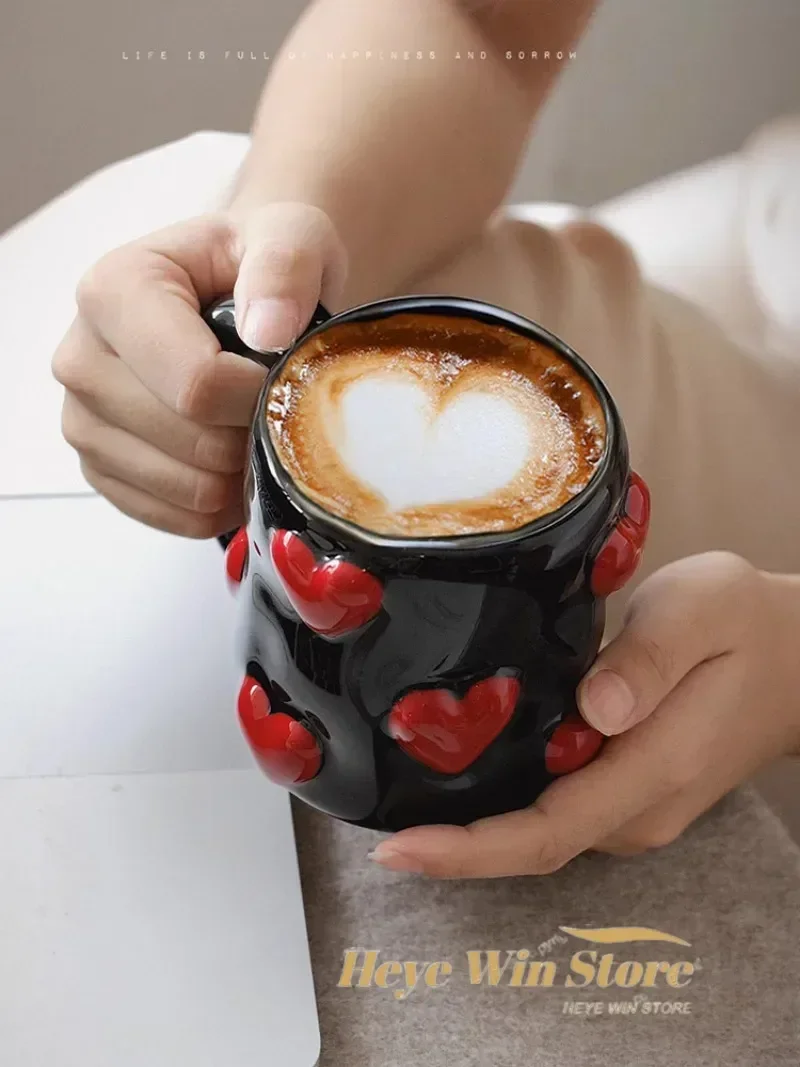 3D Heart-shaped Design Vintage Ceramic Mug, Cute Large Capacity, 3D Embossed Coffee Cup, Kitchen Drinkware Set