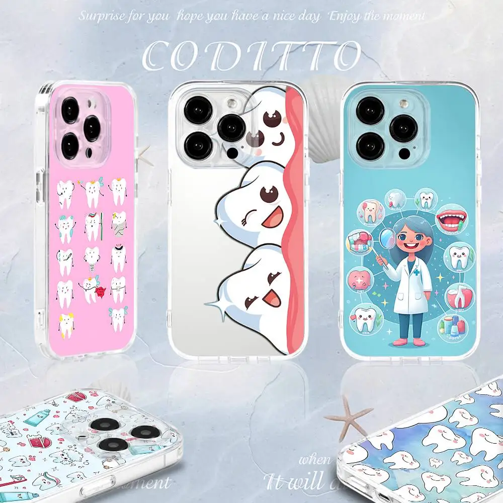 

Cartoon Teeth Dentist Phone Case For iPhone 16,15,14,13,12,11 Pro,Max,Plus,X,XS,XR,SE4,E Mini Transparent Soft Cover