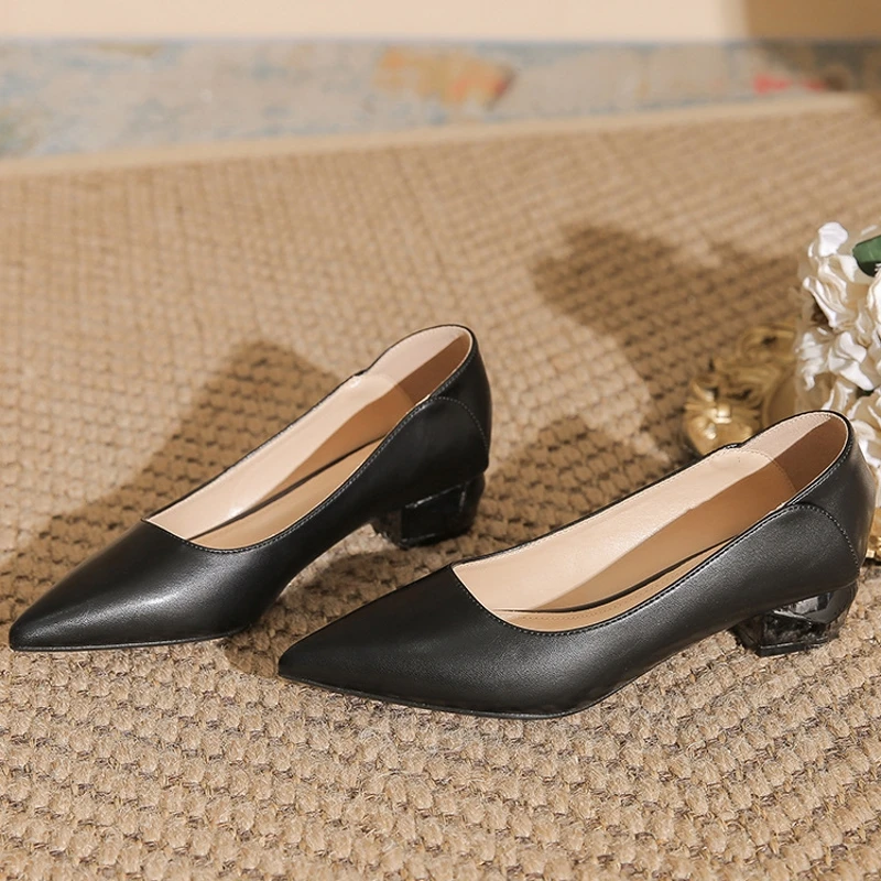 

New Soft Leather Women Med Square High Heels Pointed Toe Slip On Office Shoes Ladies Fashion Wedding Female Comfort Pumps B011
