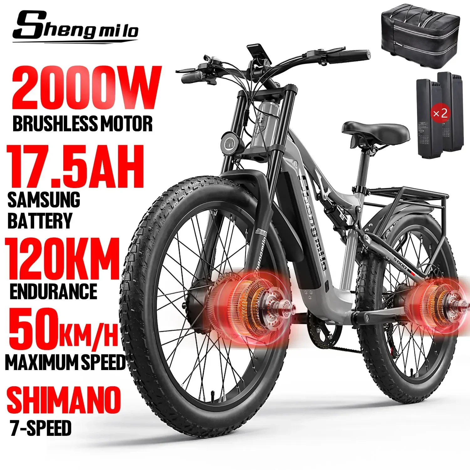 Ebike 2000W Dual Motor 48V17.5AH 26*3.0inch Fat Tire Electric Bike Full suspension Mountain Snow Off-Road Adult Electric Bicycle