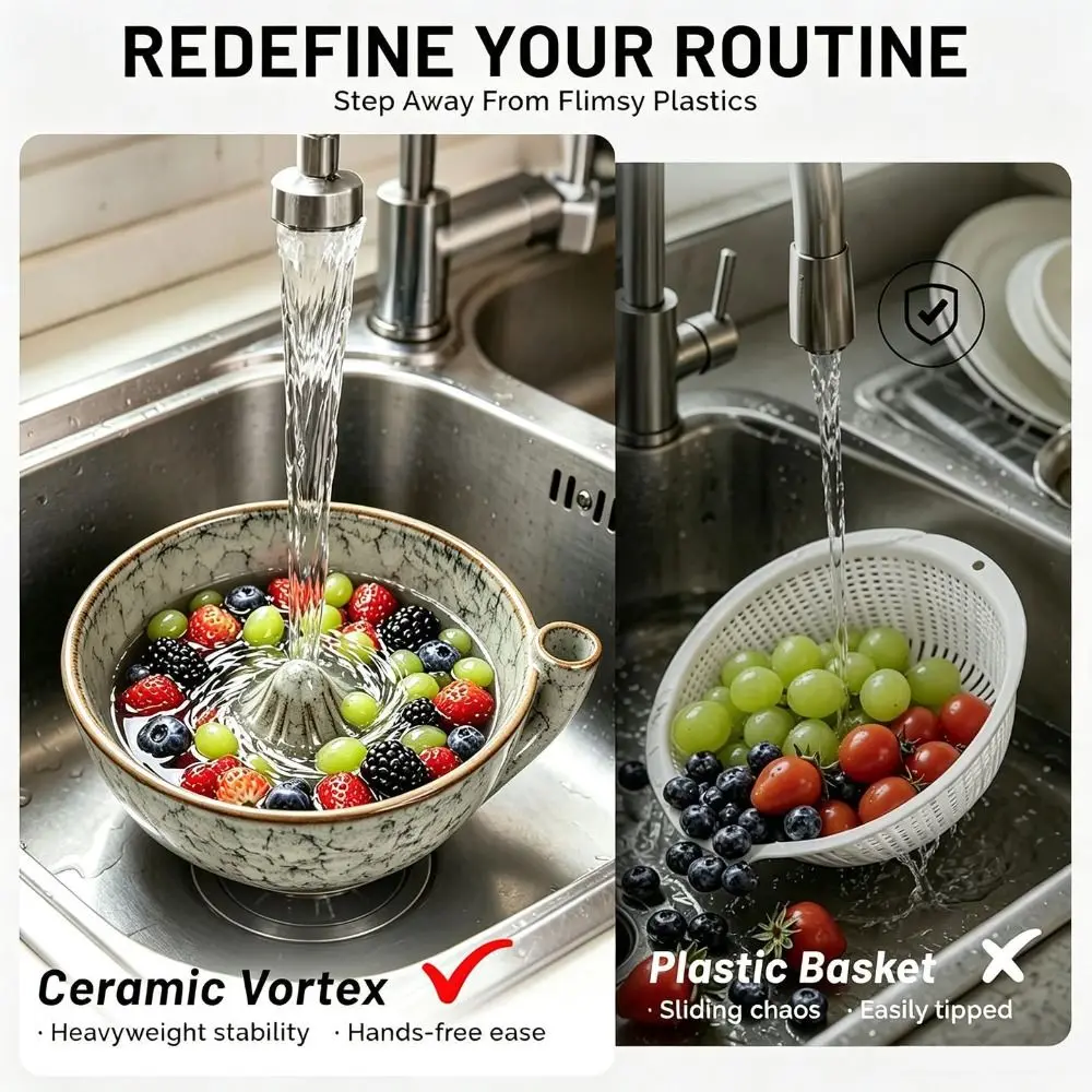 Auto Swirl Ceramic Swirling Berry Bowl Vintage Drain Holes Fruit Washing Bowl Multi-functional 360 Degree Rotating