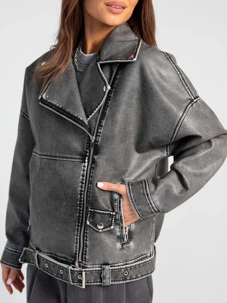 New Spring Autumn Women Vintage Loose Faux Leather Jacket Streetwear Female Retro Zipper Belt Coat Outwear