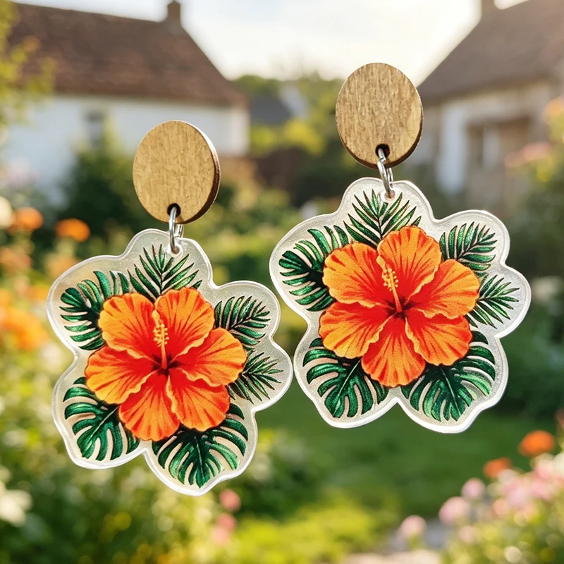 New Tropical Hibiscus Turtle Back Leaf Earrings Bohemian Hawaii Beach Vacation Style Stainless Steel Earhook Earrings Gift