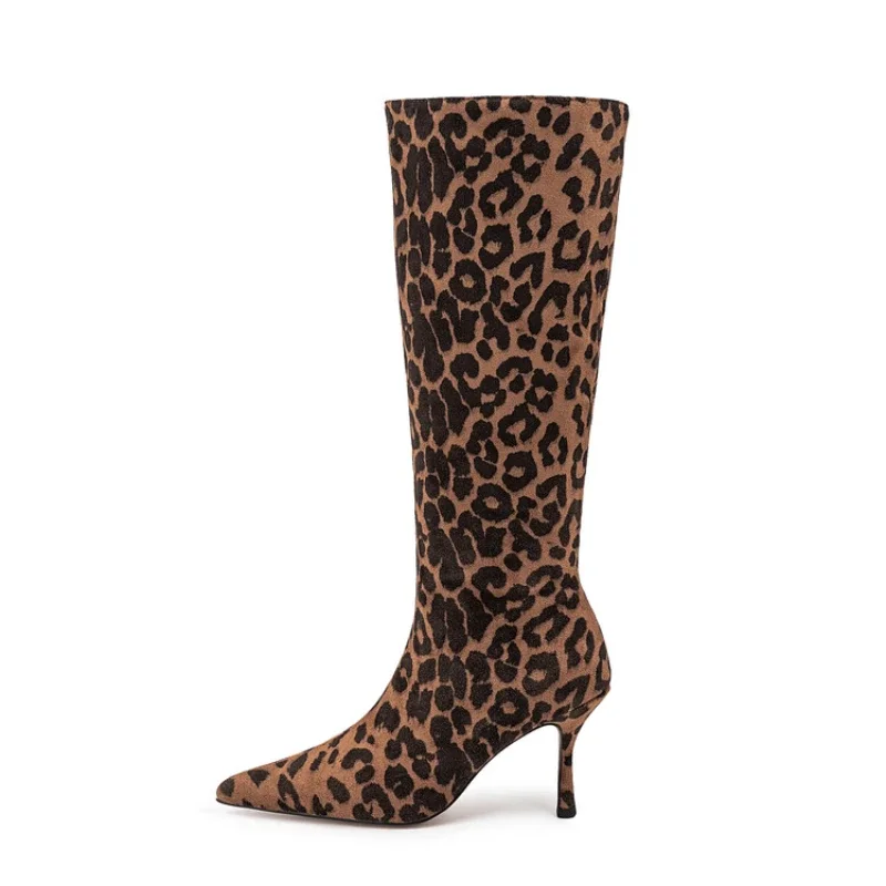 2024 Winter New Fashion Suede Leopard Print Knee Knight Boots for Women Europe and America Zipper High Heels Big Size Shoes 43