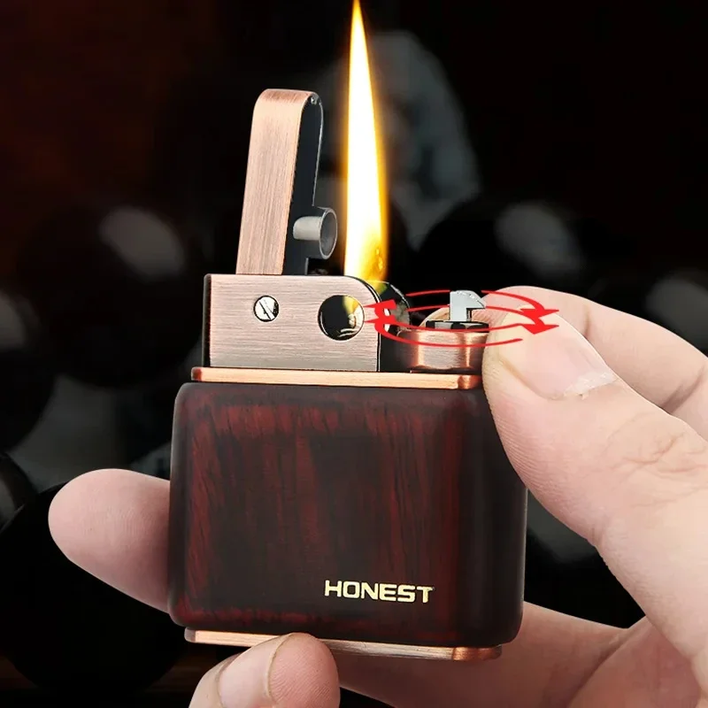 HONEST Old-fashioned Retro Sandalwood Log One-click Ejection Grinding Wheel Ignition Creative Kerosene Lighter Men\'s Gift