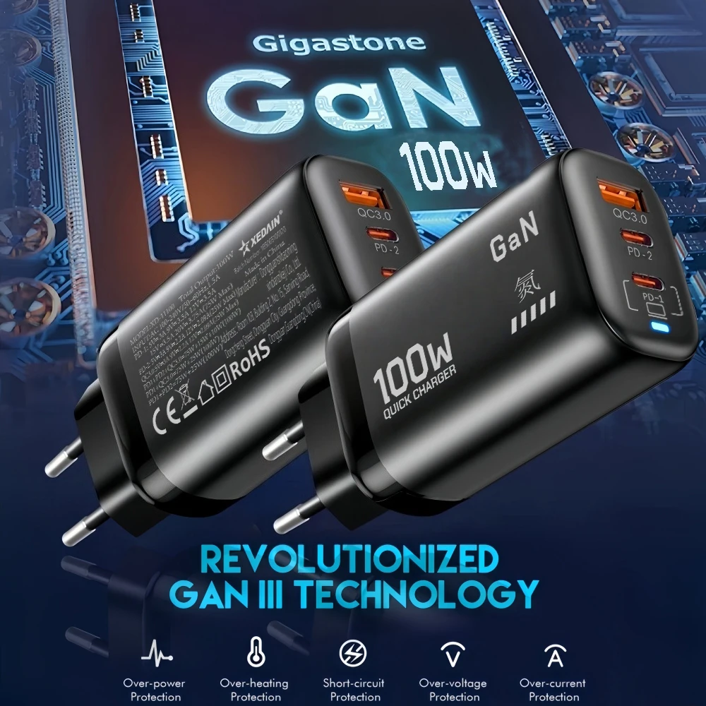100W GaN PD Type C Charger USB QC 3.0 for Laptop IPad PPS Fast Charge EU for Samsung Xiaomi iPhone 17 16 15 Pro Max Mobile Phone