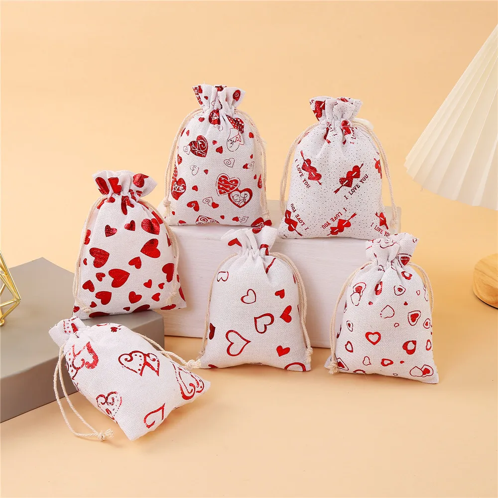 50 Pcs/lot 10*14, 13*18cm Newest Fashion Red Heart Cotton Drawstring Bags Valentine's Day Candy Jewelry Gift Wrapping Bag