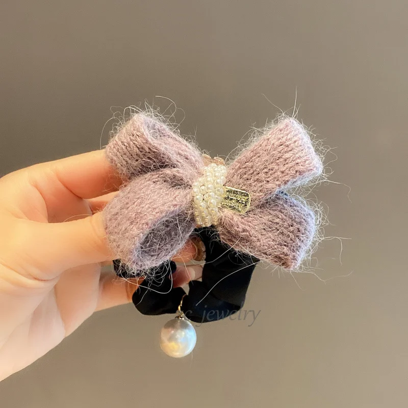 

Elegant Purple Yarn Bowknot Pearl Delicate Hair Tie for Women High-end Sweet Girl Bun Hair Rope