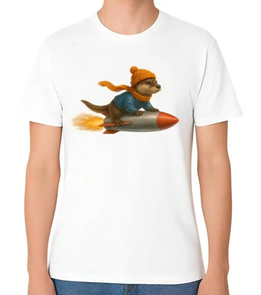 Otter Riding Rocket Unisex T-Shirt Funny Animal Adventure Graphic Tee 100% Cotton Trendy Y2K Short-Sleeve Tee-Soft,