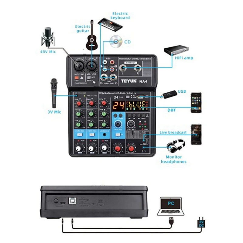 TEYUN 4-Channel Sound Mixer Console Mixing NA4 Sound Console Computer Input 48V Power Model Number With EU Plug