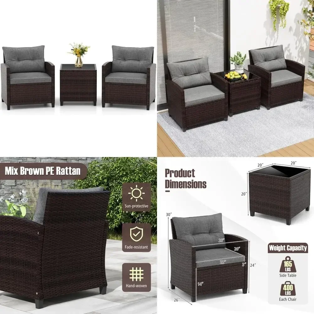 

Комплект мебели для патио из 3 предметов — плетеный комплект для бистро с 2 мягкими креслами и столом со стеклянным верхом, уличный диван из ротанга