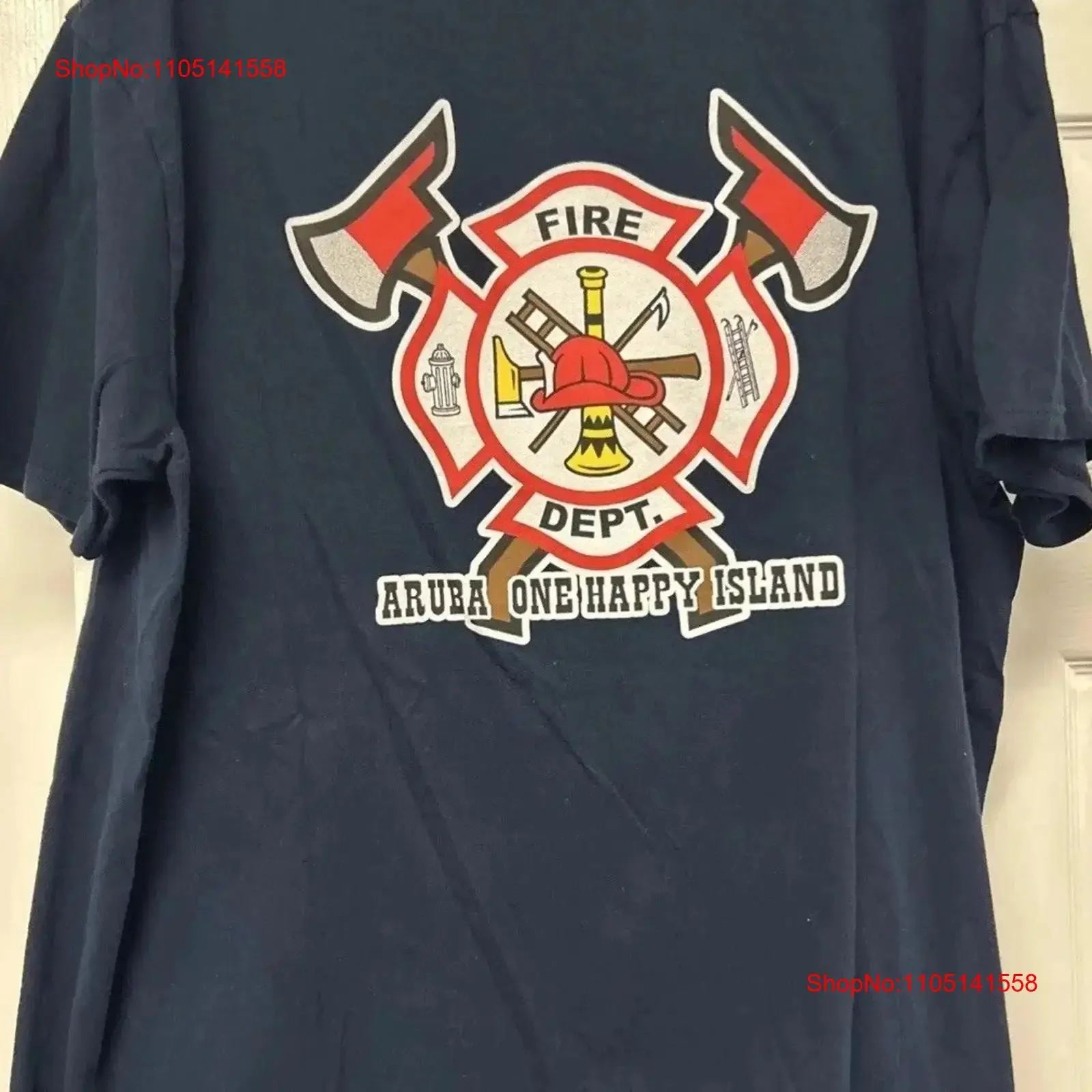 Yazbek Aruba Departamento de Bomberos camiseta azul marino One Happy Island para hombre 2XL usado vintage lavado cómodo Unisex