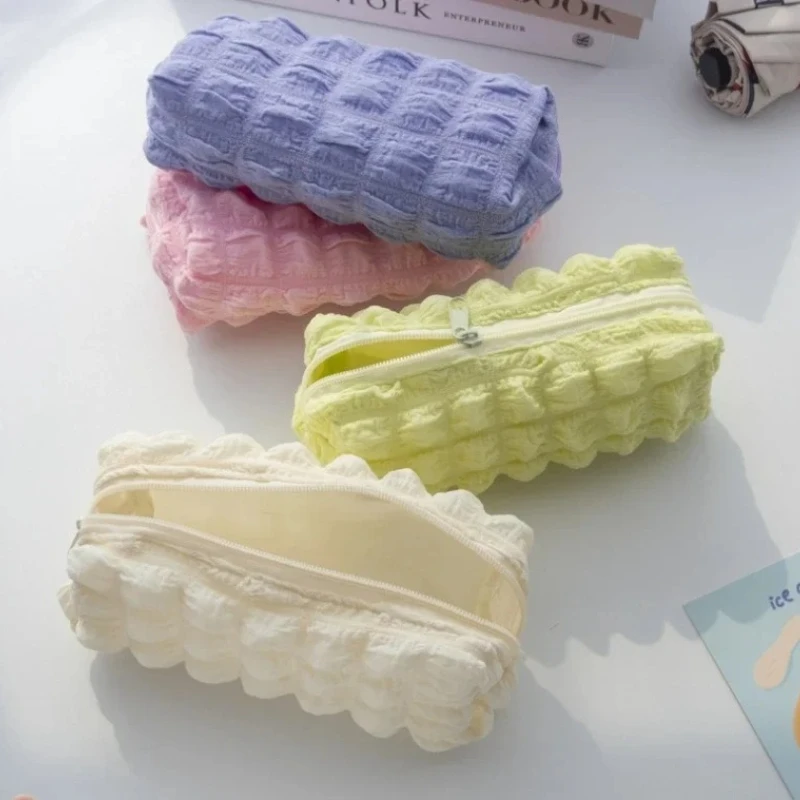 Cremefarbenes Puff-Stiftetui, großes Fassungsvermögen, weiche, einfarbige Schreibwarentasche, Federmäppchen, modische und einfache Aufbewahrungstasche mit Reißverschluss