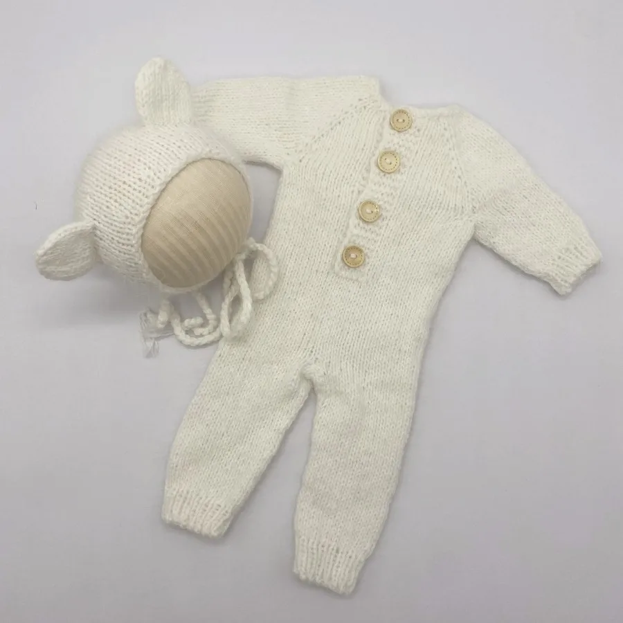 Hand Made Newborn Mohair Onesie  Photography Props Baby  Bear Bonnet & Romper Set