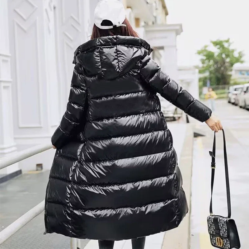 Black Glossy Parka Coat Women\'s Long Jacket New Fashion Thicken Winter Hooded Loose Female Windproof Rainproof Warm Outwear A391