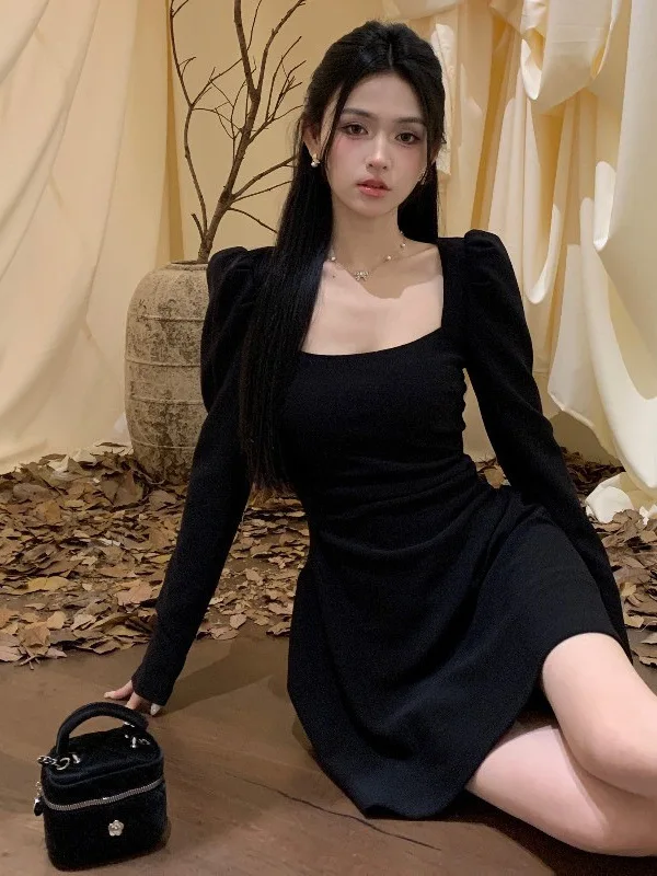 spring solid color long sleeved square neck dress for women black sexy small black dress temperament small figure A-line OKK7