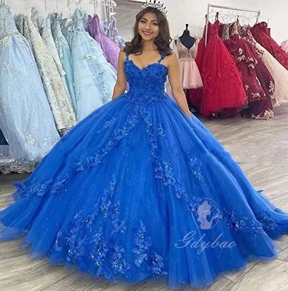 Customized Beaded Lace Quinceanera Dress for Girls Spaghetti Strap Ball Gown Evening Dress Royal Blue Evening Gowns Sweet 15