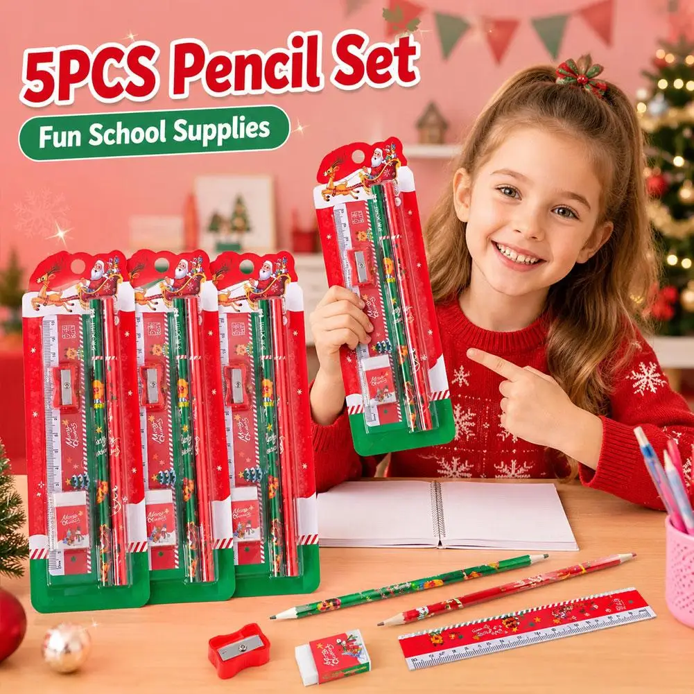 5 In 1 Christmas Stationery Set Kids Pencil Sharpener Eraser Ruler Student Drawing School Supplies Xmas Party Favor Gift Pack