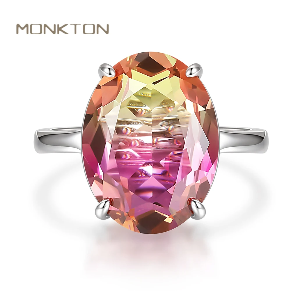 Monkton Genuine Rainbow Quartz Cocktail Rings for Women 12*16mm Oval Synthetic Stone Promise Rings for Her Anniversary Gift