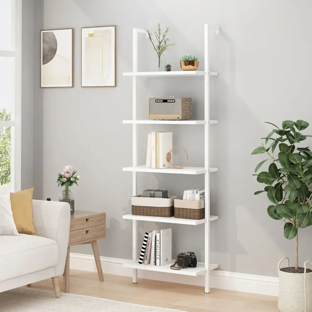 

5-tier Shelf Wood Modern Bookcase, Open Ladder Bookshelf Wall Mount New