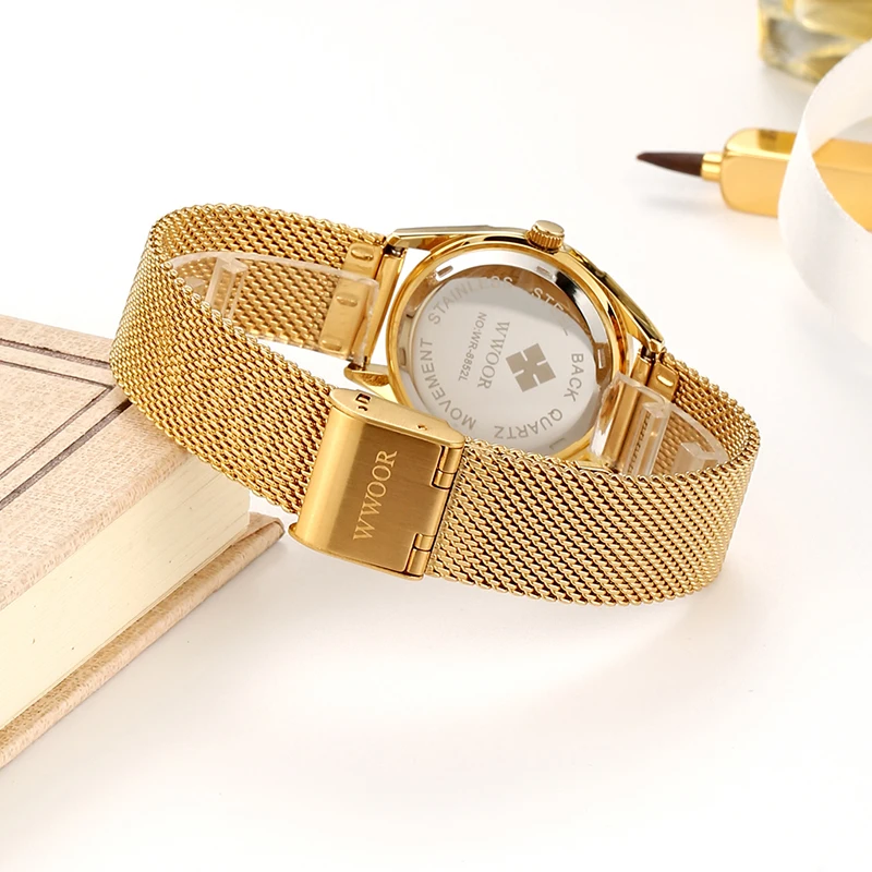 Fashion Wwoor Top Brand Dress Luxury Gold Elegant Diamond Small Quartz Wrist Watches Women Mesh Steel Clock Zegarek Damski