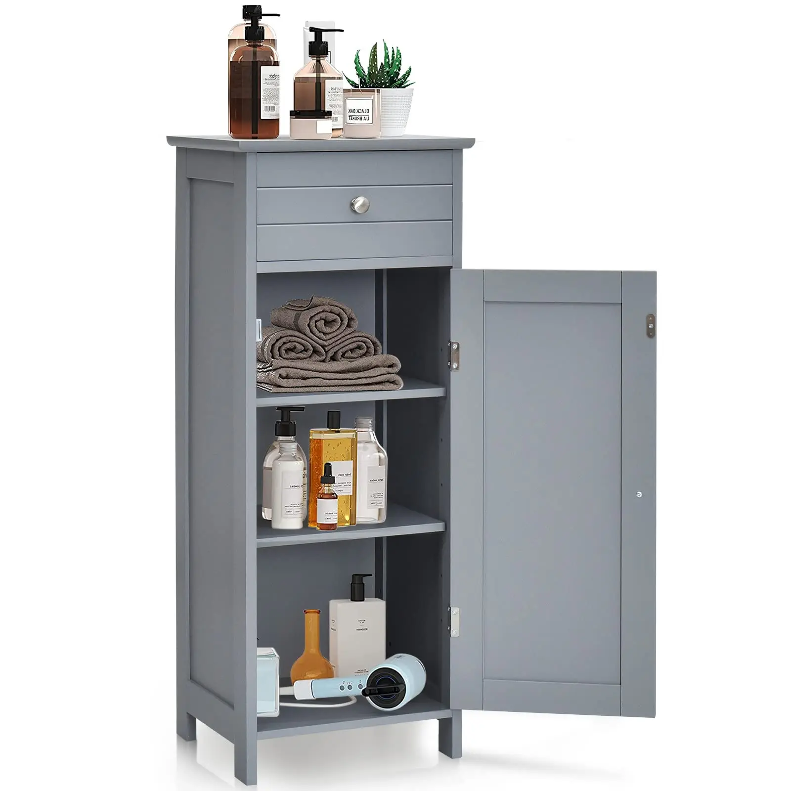 Bathroom Floor Cabinet, Single Door Floor Storage Cabinet Organizer with Der and 3-Level Adjustable Shelves, Bathroom