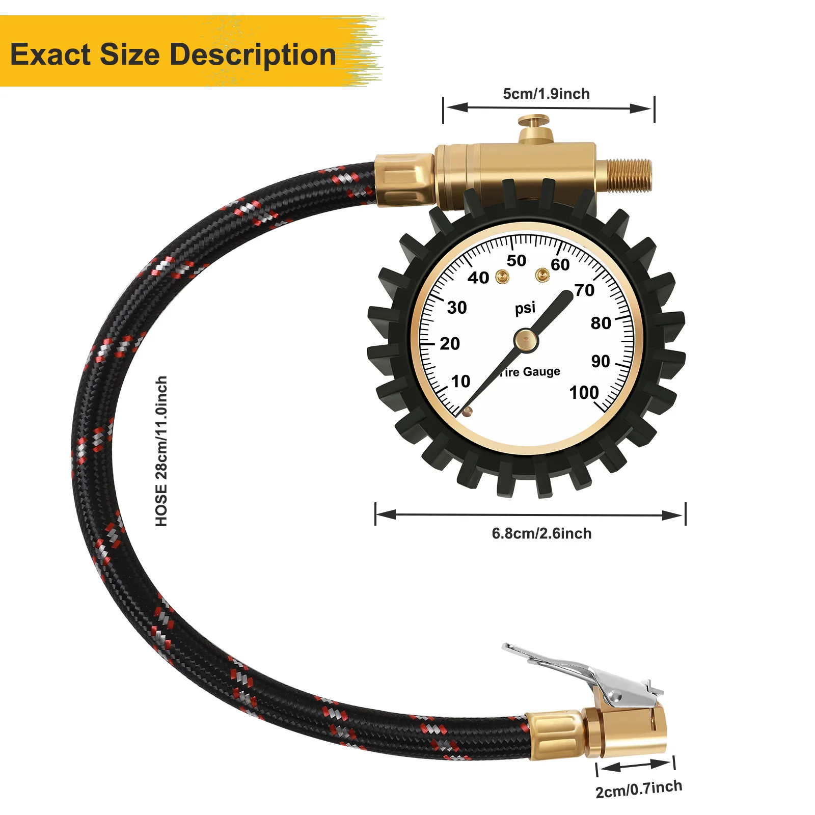 Tire Pressure Gauge 100psi with Clip On Chuck ATsafepro  2 inch Dial Accuracy Analog Tire Gauge Convenient Pressure Reading