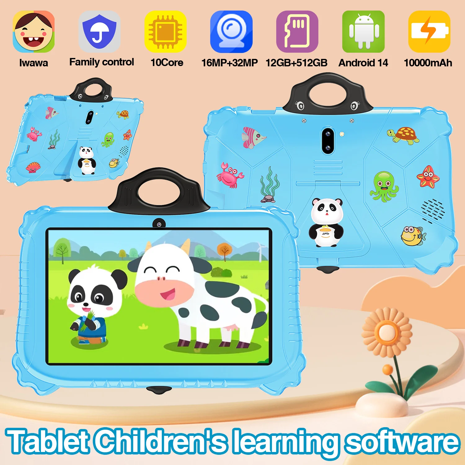 2024 New Kids Learning Tablet 10.1-inch 4GB+128GB Bluetooth WiFi HD Screen Shockproof Panda Case Dual Camera Popular Kids Tablet