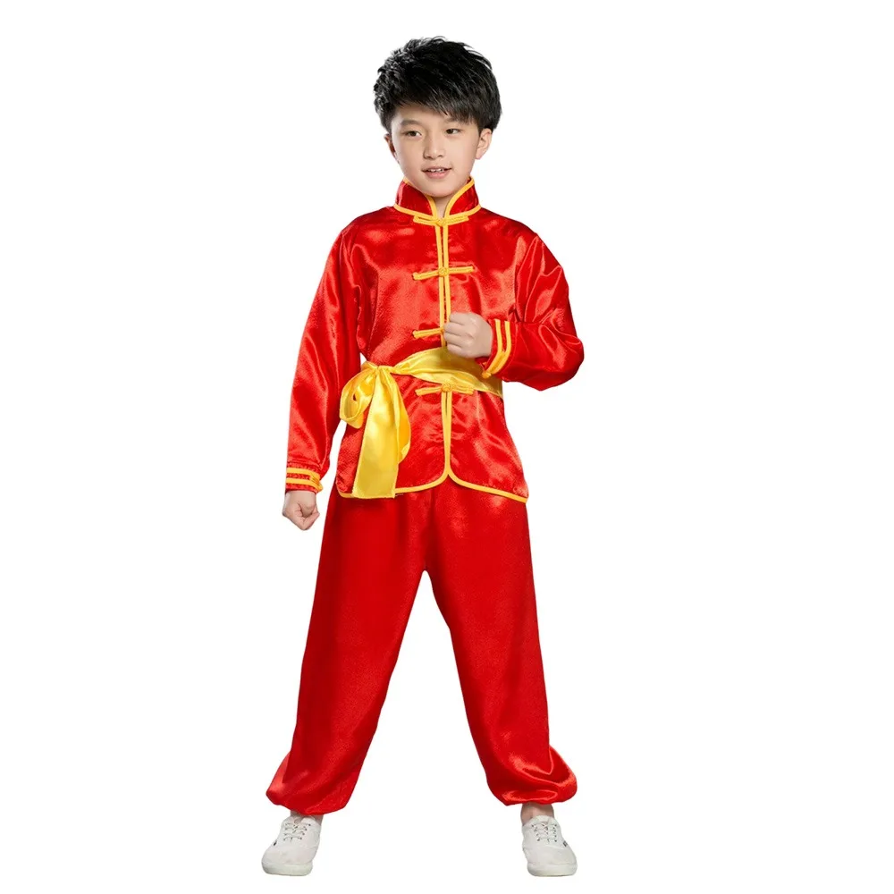 Tradycyjny chiński strój wushu z paskiem, długi rękaw, uniform kungfu, strój do występów wushu, tradycyjne stroje dla dzieci, chłopców i dziewcząt.