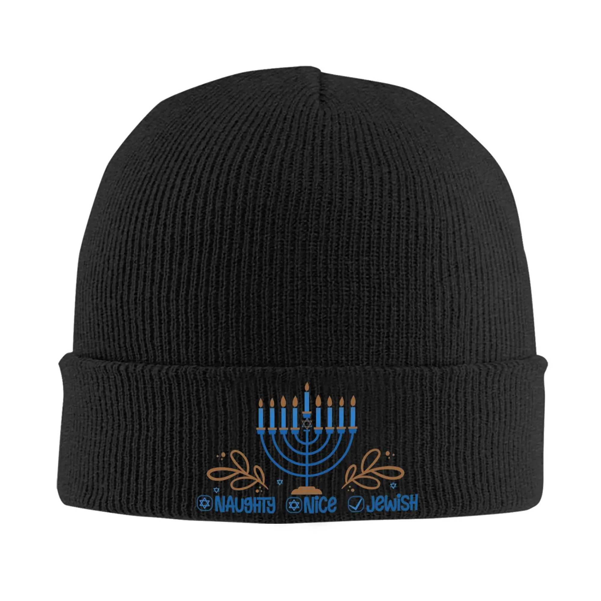 Naughty Nice Jewish Happy Hanukkah Knitted Caps for Women Men Beanies Winter Hat Acrylic  Warm Caps