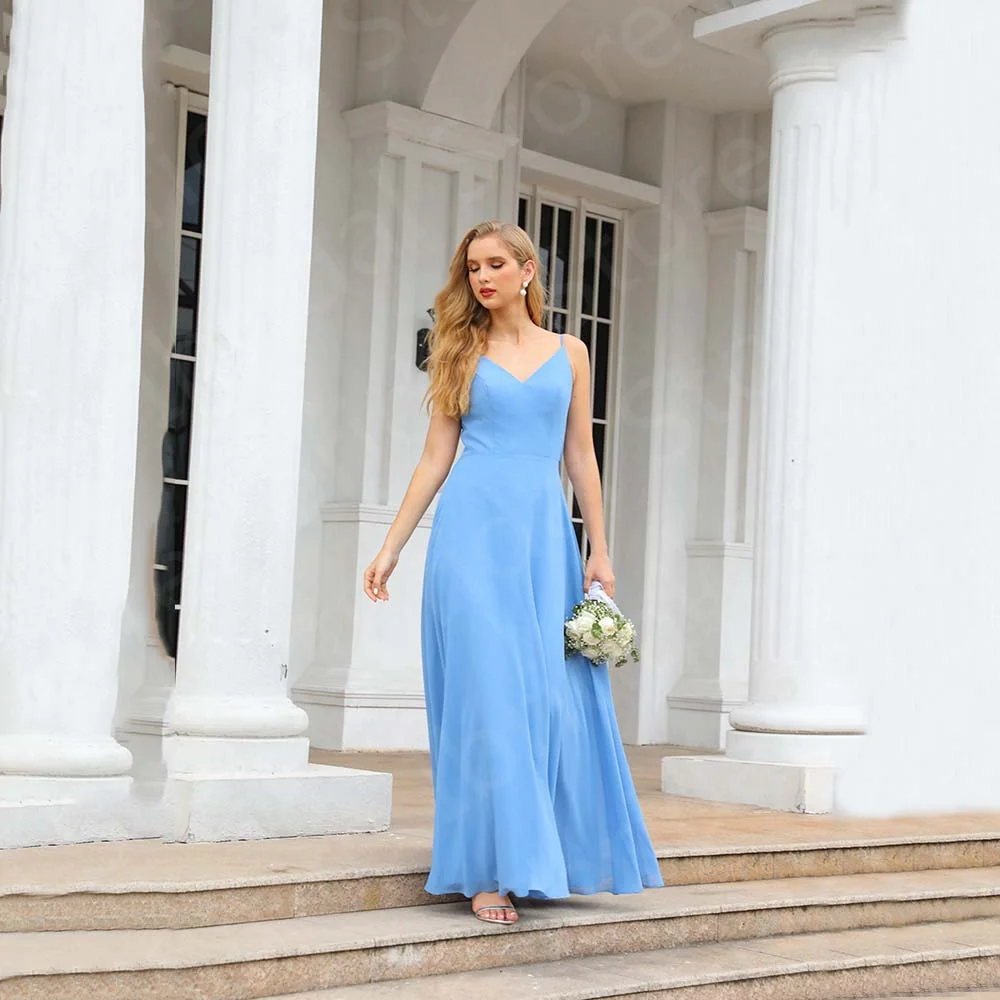 

On Sale Simple Blue Bridesmaid Dresses Long Chiffon Maid of Honor Gowns V Neckline Wedding Party Back Out Sleeveless