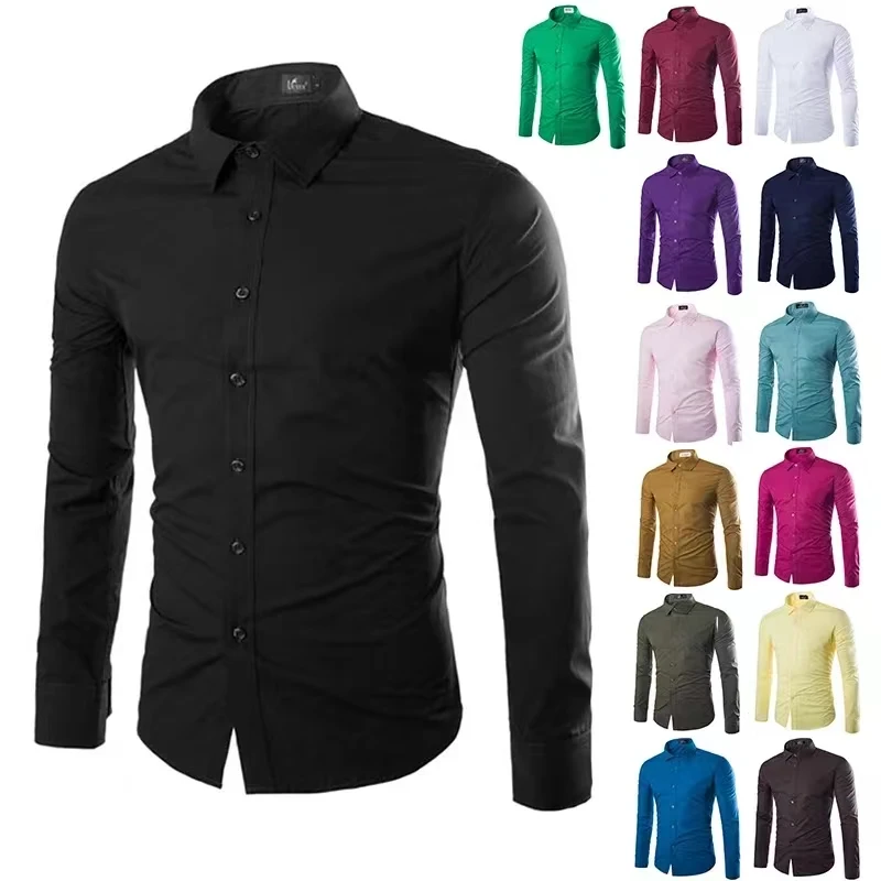 New Multicolor Solid Color Men\'s Fashion Candy Color Shirt Casual Long Sleeve Shirt Men\'s Slim Fit Comfortable Plus Size55-110KG