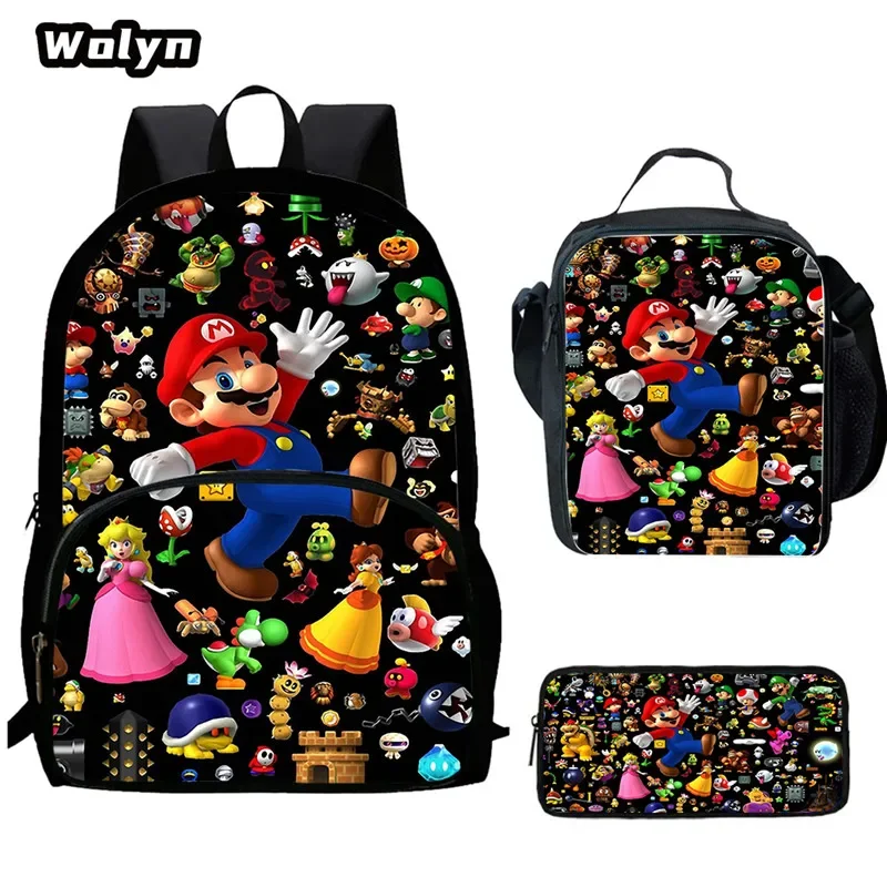 

Cartoon School Bags for Boys Girls ,3PCS Set Anime Mar-Rio School Backpack with Lunch Bags Pencil Bags for Kindergarten