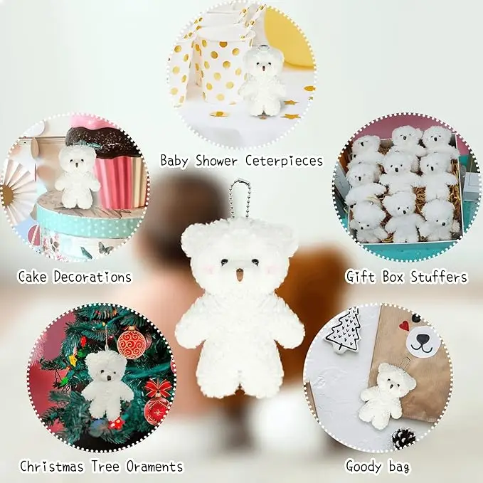 12pcs Mini White Bears Plush Doll Tiny Soft Stuffed little Bear Keychain Mini Plush Bears Bulk Girl Bag Pendant Birthday Gifts