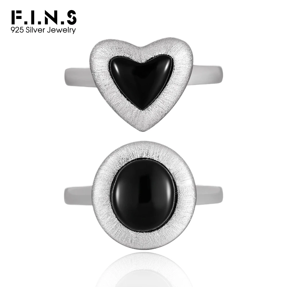 

F.I.N.S Ретро матовый матовый черный агат S925 кольцо из стерлингового серебра модное кольцо с сердечком любви круглый указательный средний палец вечерние ювелирные украшения
