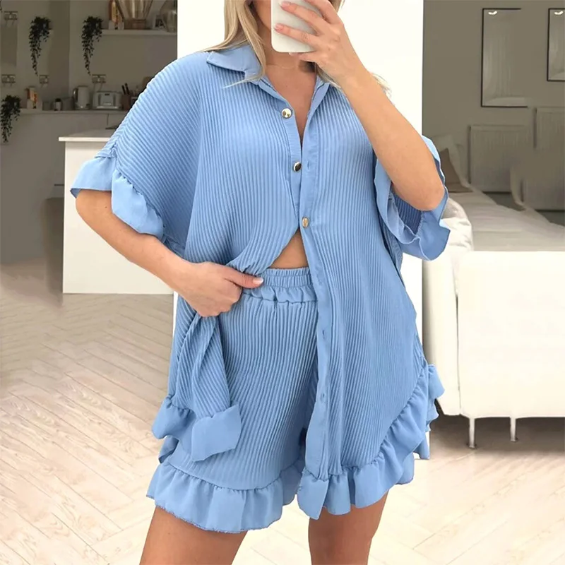 Elegant Women\'s Suits with Shorts Edible Tree Fungus Short Sleeve Turn Down Collar Summer Clothing Set 2 Piece Female Clothes