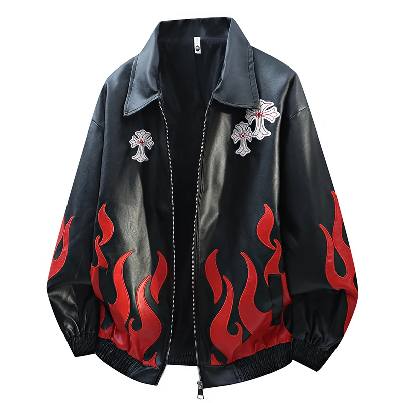 Fall new style heavy-duty embroidered American loose-fitting leather jacket flame coat racing suit for men and women