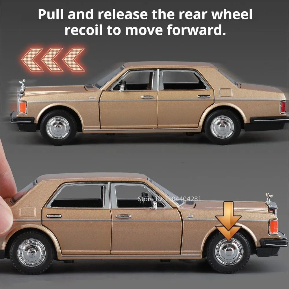 1:32 Rolls-Royce Silver Spur ‌   Fantasma I ‌   Coche Vintage de aleación, modelo fundido a presión, juguetes, luz de sonido, puertas extraíbles, decoración del hogar abierta