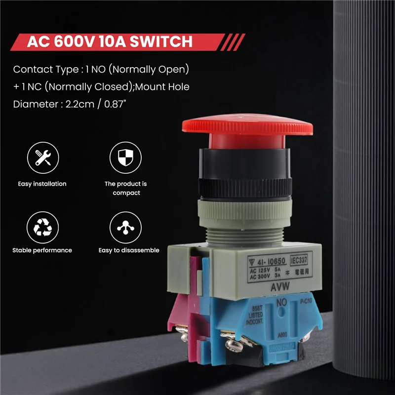 ABZV-AC 600V 10A Red Mushroom Emergency Stop Push Button Switch 22mm NO NC
