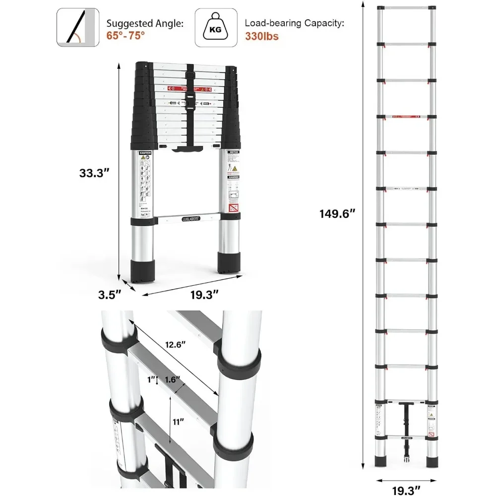 Escalera telescópica plegable, extensión ligera de aluminio de 12,5 pies, botón de retracción, diseño de reducción lenta