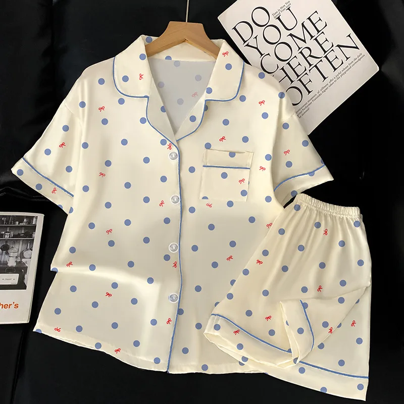 Pyjama d'été Simple et confortable à manches courtes pour femmes, ensemble de costume de maison léger de luxe à pois en soie glacée et Satin frais, nouvelle collection