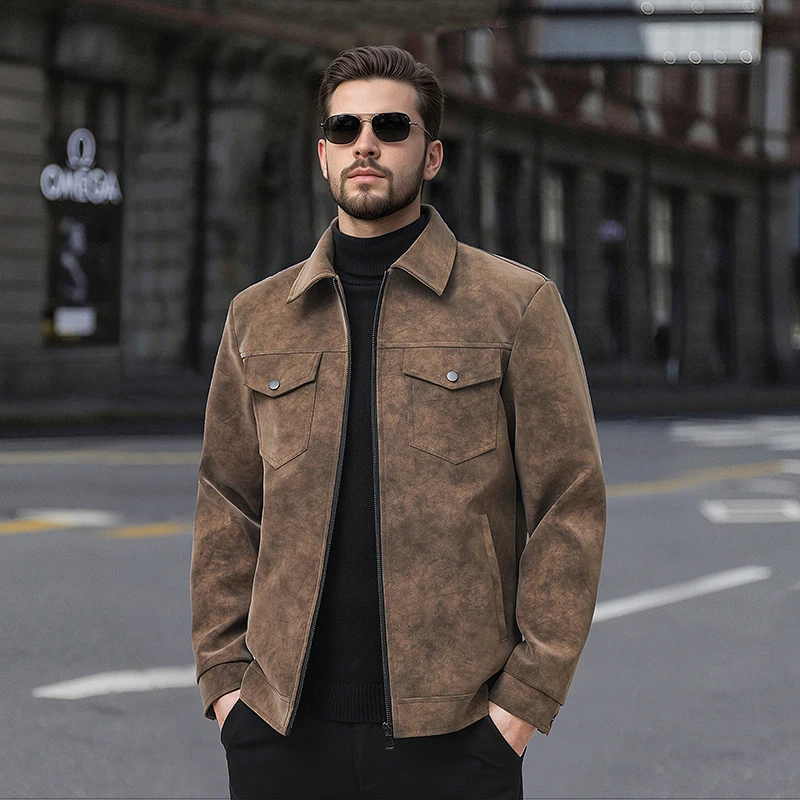 

Casual Loose Leather Jacket Men's Trendy Vintage American Style Stand Collar Fake Leather Outerwear Fashionable Coat