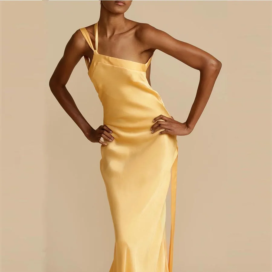 Meetlove One-shoulder backless Sexy Yellow Customized Satin Mermaid Spaghetti Straps Floor Length Simple Evening Party Gowns
