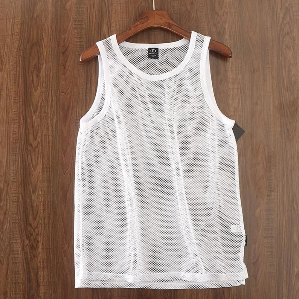 Mens T-Shirt Hollow Semi Transparent Sexy Sleeveless T-Shirt Summer Sports Gym Breathable Quick Drying Top Men\'s Clothing 2024