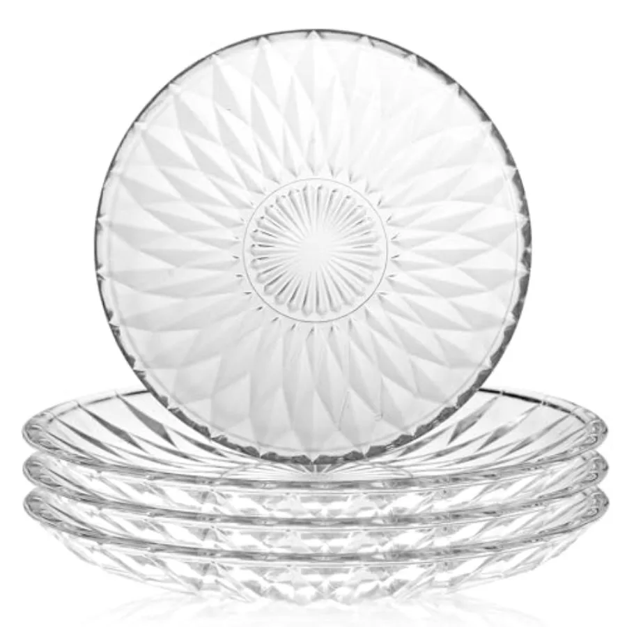 

6 Inch Glass Plates 4 Pack Vintage Dinnerware Set Transparent Diamond Textured Dinner Plates for Home Party Wedding Glass Dishe