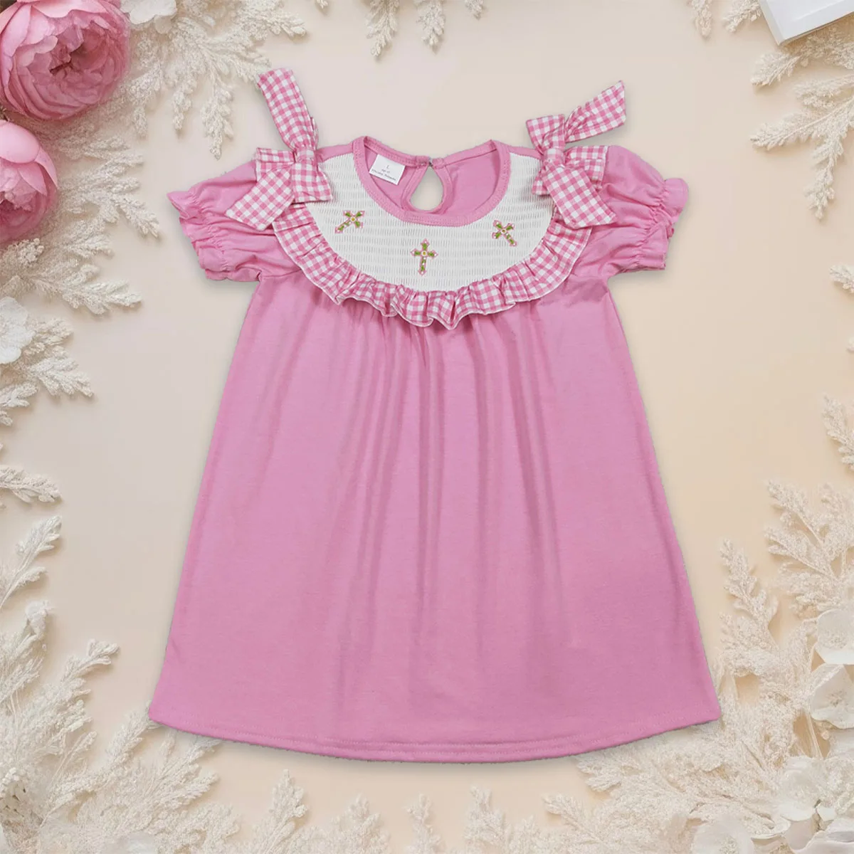 

Baby Girl Ruffle Sleeve Fashionable Smocked Crosses Dress Easter Breathable Clothing Knee Length Dresses Clothes Wholesale