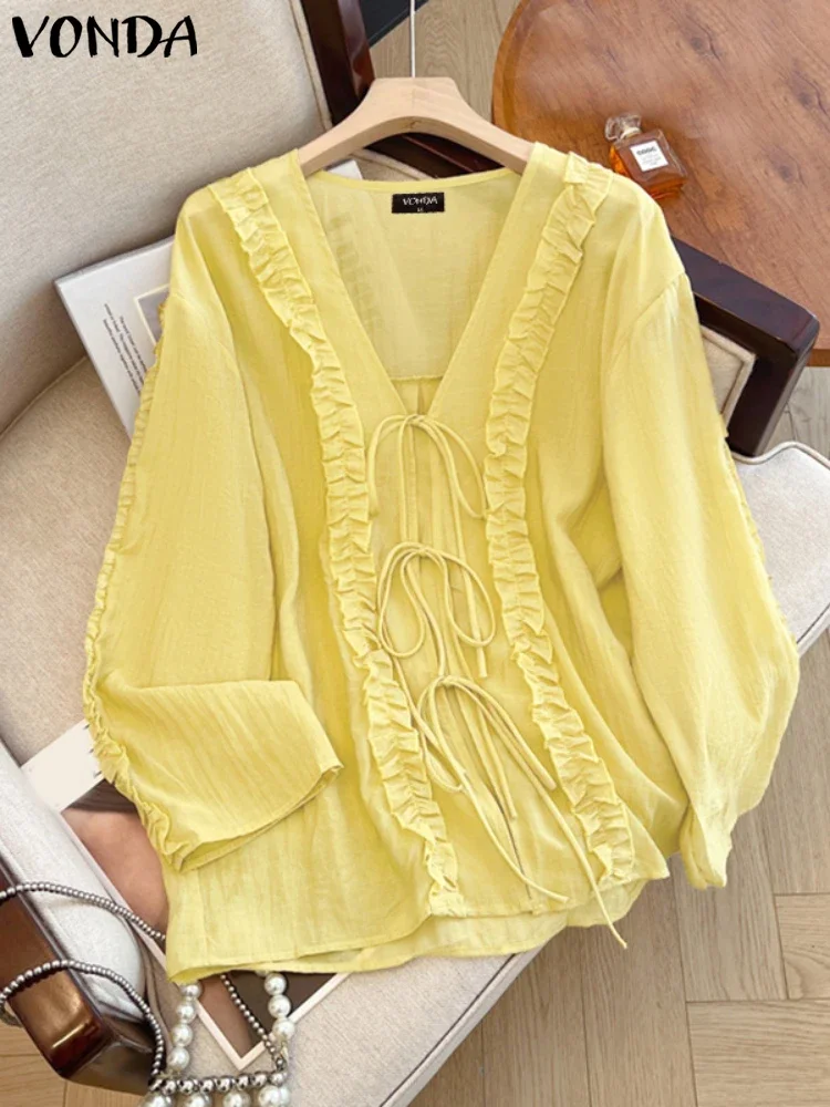 VONDA 여성용 쉬폰 롱 가디건 2025 패션 레이스업 커버업 긴 소매 셔츠 캐주얼 루즈 시스루 빈티지 비치 탑