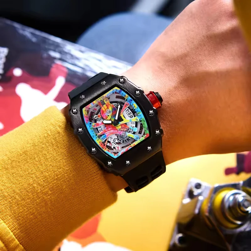 

PINTIME Fashion Watch Men Hip Hop Style Mechanical Style Watch Silicone Strap Tonneau Designs Waterproof Rectangular Men Watch